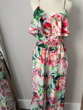 Silk Floral Ruffle V-Neck Maxi Jumpsuit in Pink & Green-S